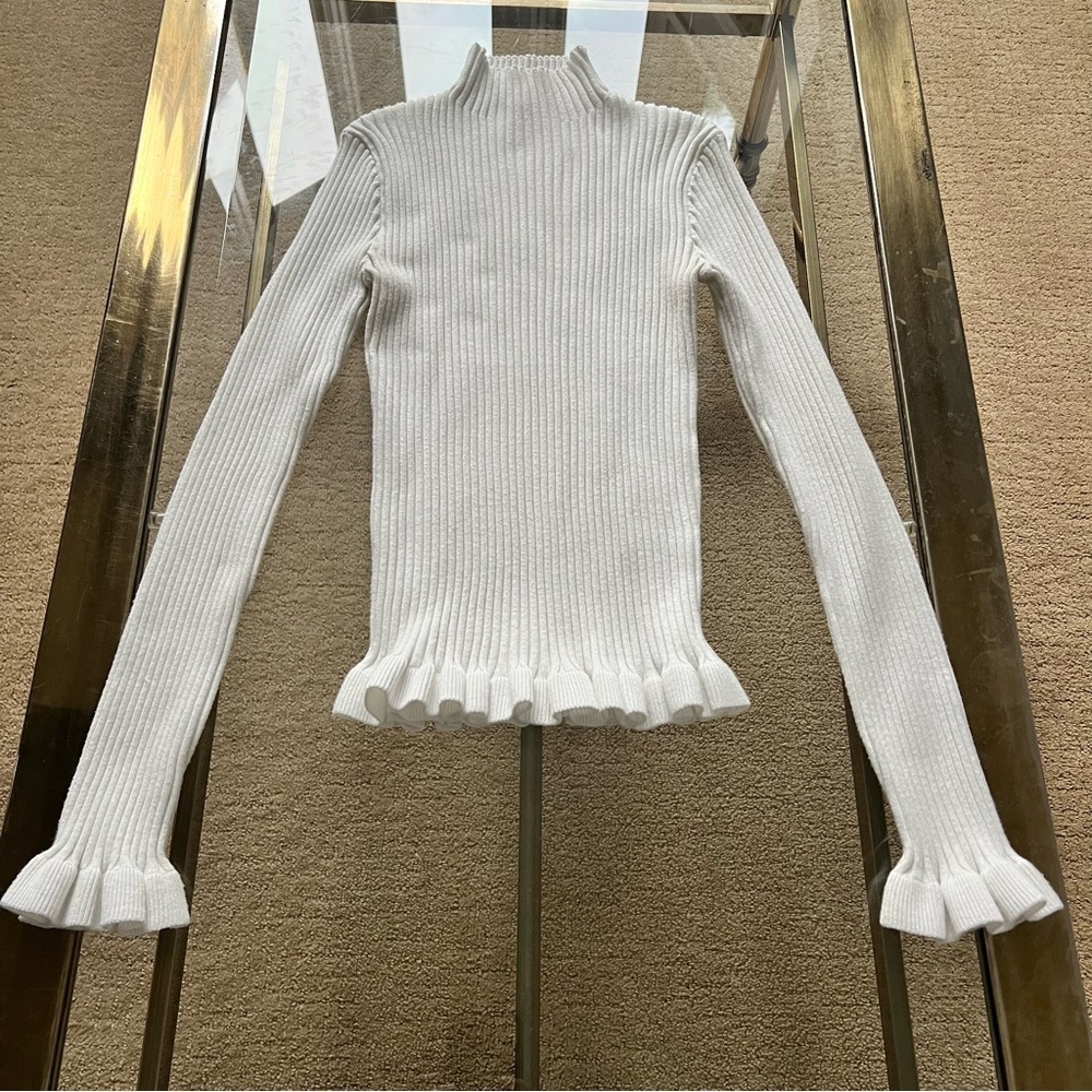 Blu Pepper White Ribbed Ruffled Bell Sleeve Top